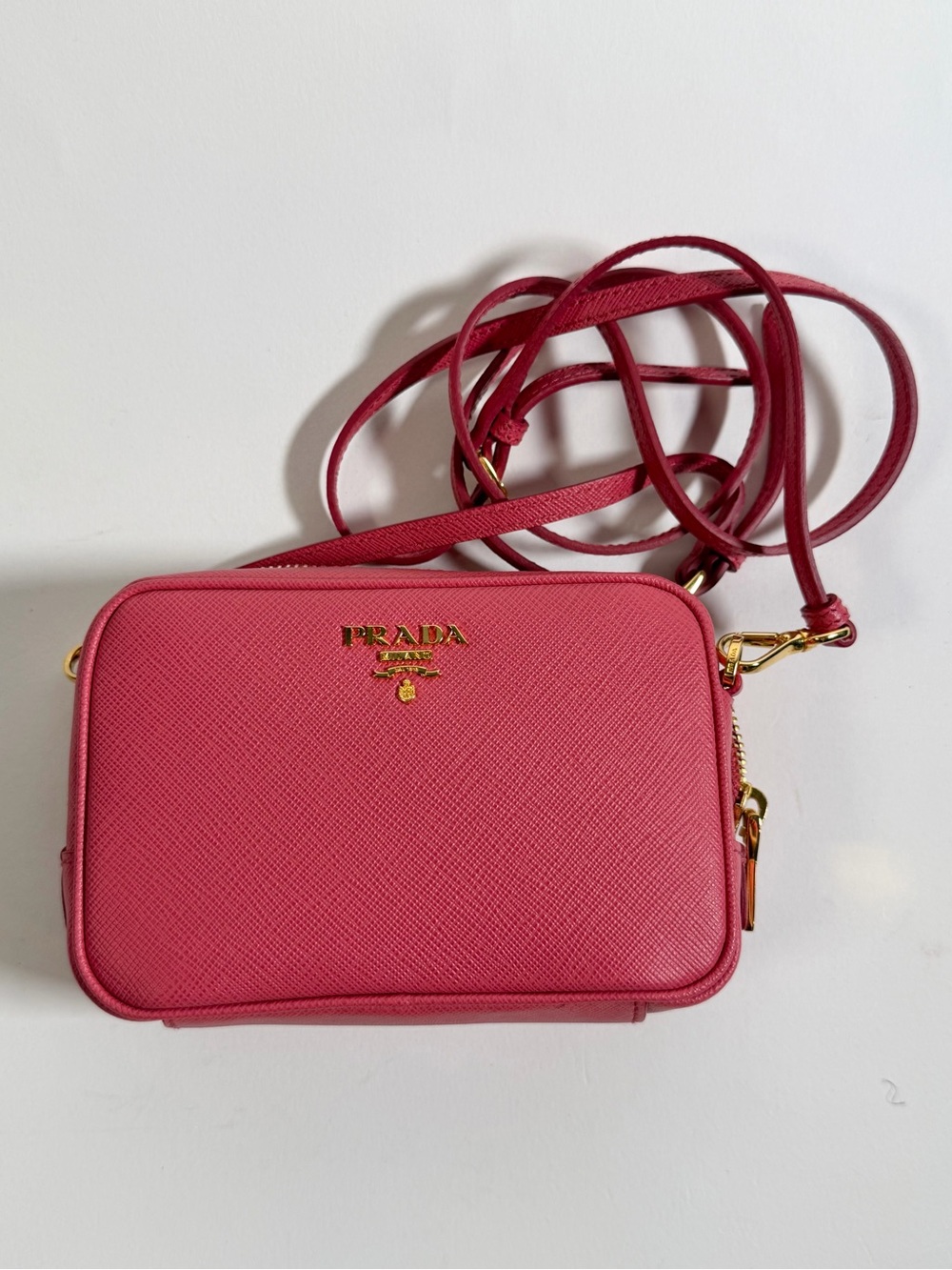 Prada Pink Saffiano Crossbody Camera Bag with Gold Hardware